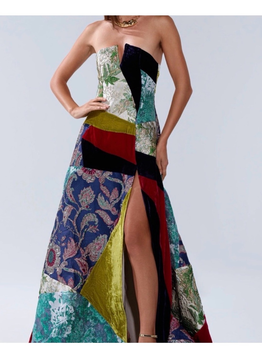AKIRA Strapless Patchwork Velvet Maxi Gown in Navy, Red, Green, Black